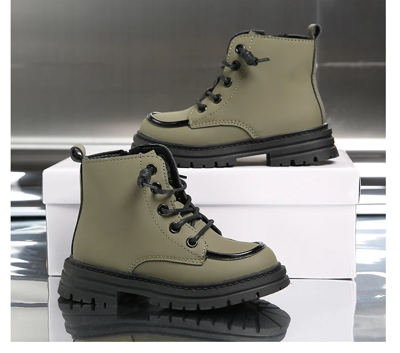 New Children Boots  soft leather Handsome Lace-up Trendy Kids Short Boot Matte PU Leather Anti-slip Unisex Boys Girls Shoes kids_shoes