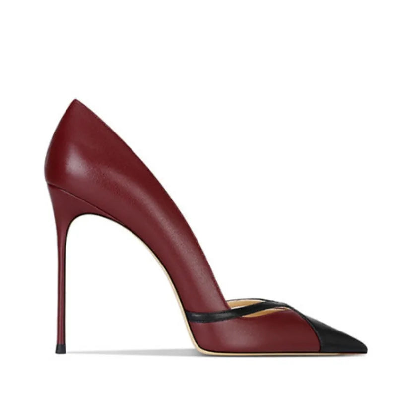 White Matte Leather High Heels Patchwork Pointed Toe Shallow Stilettos Pumps Slip-on Banquet Shoes heels_stiletto