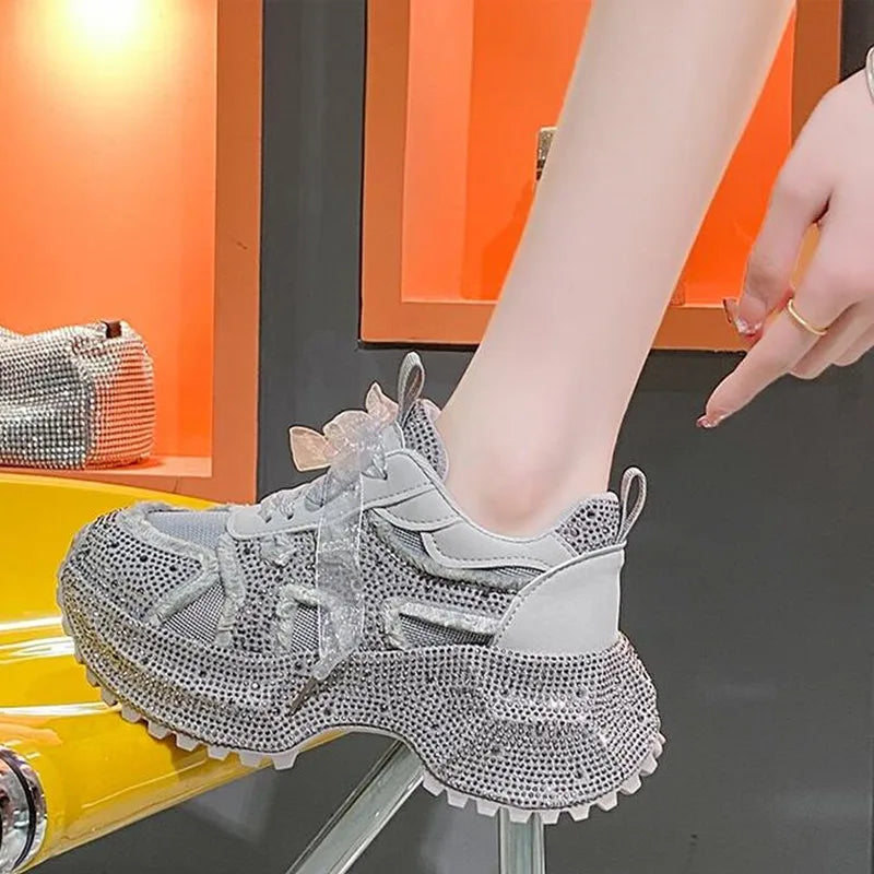 Luxury Women's Rhinestone Mesh Shoes Autumn Fashionable Versatile Inner Height Increasing Women Thick-soled Casual Sports Shoes sneakers_platform sneakers_luxury