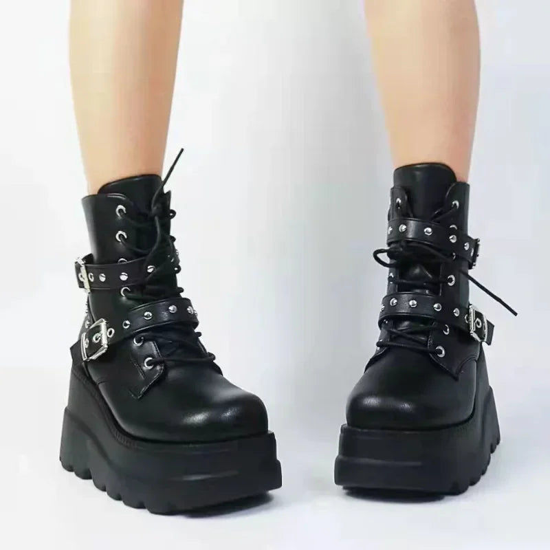 New Women's Pu Leather Ankle Boots Women Autumn Winter Round Toe Lace Up Shoes Woman Motorcycle Platform Botas Gothic Shoes boots_platform