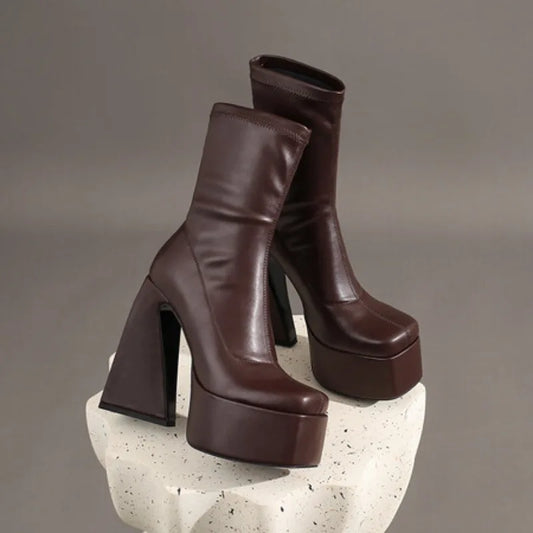 Stretch Punk Style Gothic Chunky Platform Ankle Boots for Women Autumn Winter Shoes Ladies Strange High Heels Boots Booties boots_platform