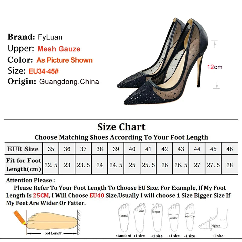 Breathable Mesh Rhinestone Shoes Women 8CM 10CM 12CM Stiletto Pumps Fashion Pointed Toe Summer Evening Party High Heels Black heels_stiletto
