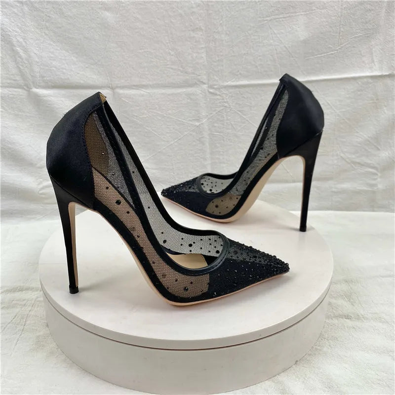 Breathable Mesh Rhinestone Shoes Women 8CM 10CM 12CM Stiletto Pumps Fashion Pointed Toe Summer Evening Party High Heels Black heels_stiletto