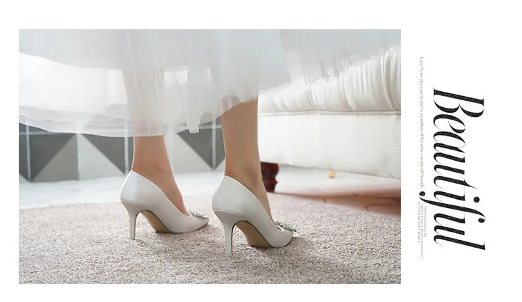 Women Rhinestone Square Buckle Dress Wedding Brides Shoes Pointed Toe Stiletto Pumps Suede High Heels Botines Mujer Con Tacon heels_stiletto