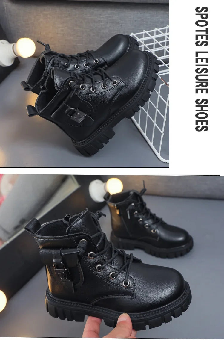 Children Leather Boots Girls Fashion Autumn Winter New Casual Comfortable Short Boots Warm Kids Versatile Anti-slip Cotton Boots