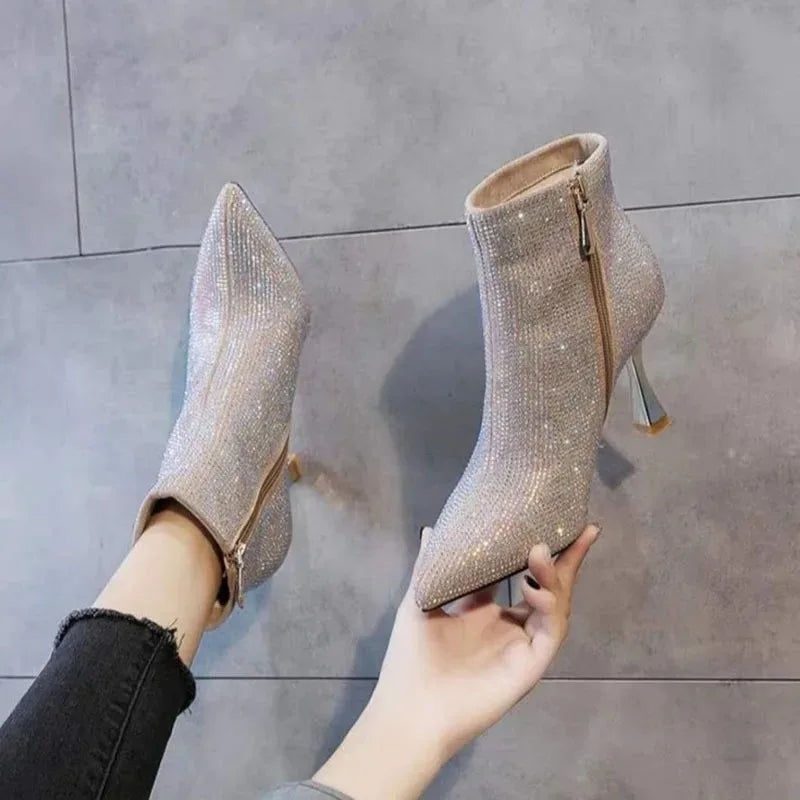 2025 Fashion Women Shiny High Heel Booties Female High-Heeled Boots Young Ladies Booties Heel Cloth Boots Black Botas De Mujer boots_highheel