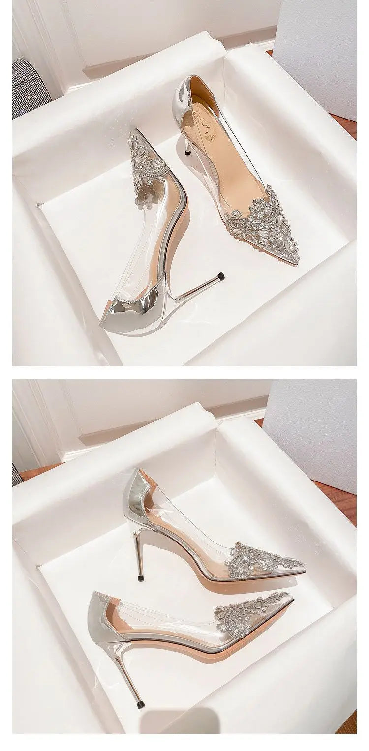 Pointed toe stiletto women's high heels women's shoes fashion women's shoes wedding shoes high heel 8cm transparent bow gemstone heels_stiletto
