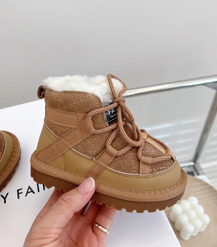 2025 New Winter Children Snow Boots Genuine Leather Warm Plush Toddler Boys Shoes Non-slip Fashion Baby Girls Boots 1-6 Years