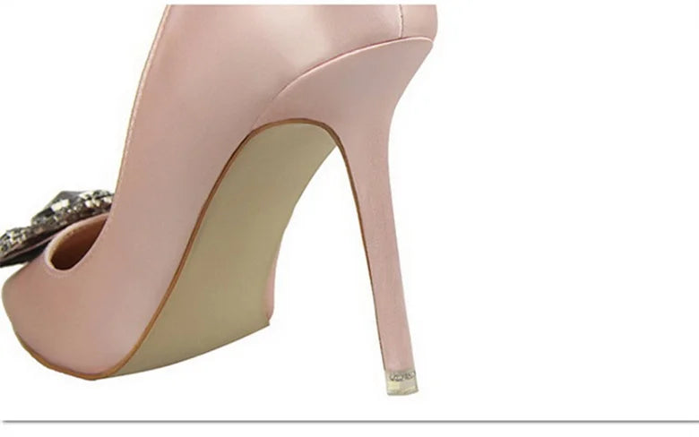 CINESSD Silver Gray Black Women Bridal Wedding Shoes Faux Silk Satin Rhinestone Crystal Shallow Woman Pumps Stiletto High Heel heels_stiletto