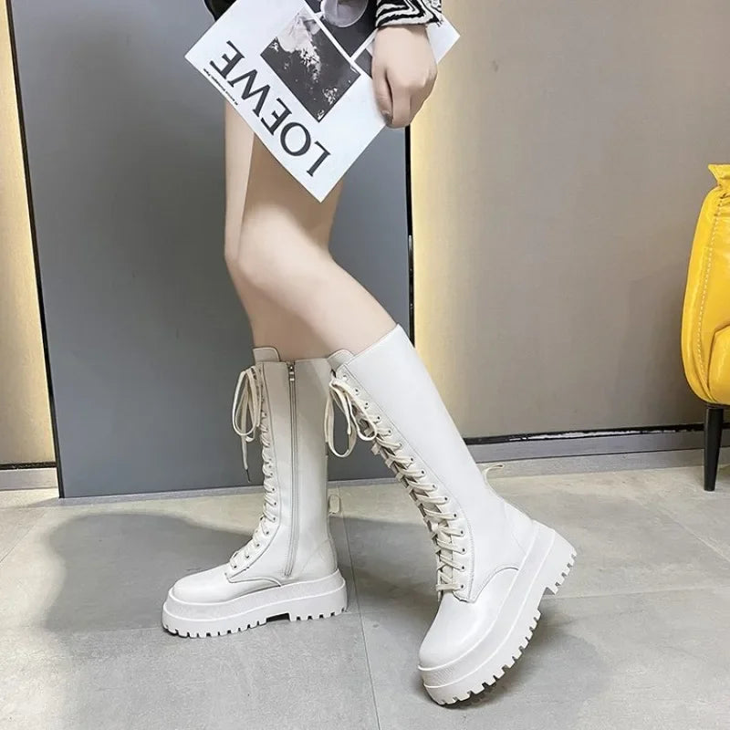 2024 New Thicken Winter Knight Boots Women Knee High Long Square Heel Boots Retro Thick Motorcycle Boots Black White Botas Mujer boots_platform