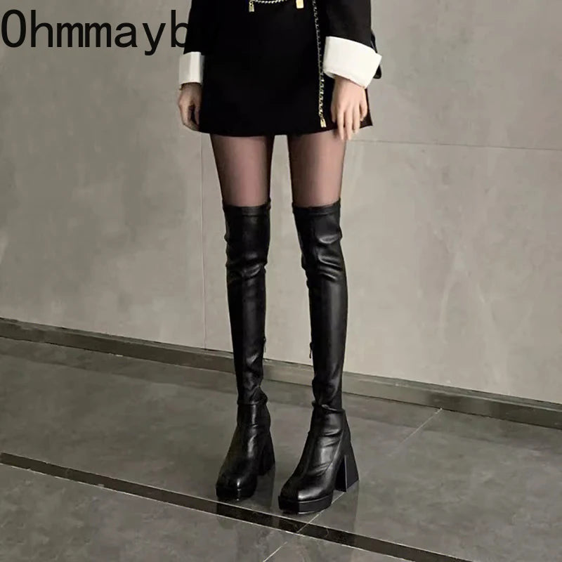 Autumn Winter Street Style Stretch Over The Knee Boots Women Fashion Round Toe Square Platform Heels Long Booties boots_platform