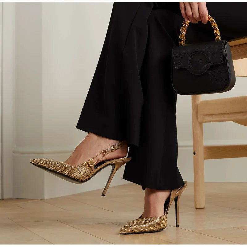 Women Shoes Luxury Rhinestones Sequined Buckle High Heels Elegant Pointed Toe Slingbacks Stiletto Shoes for Women Fashion Shoes heels_stiletto