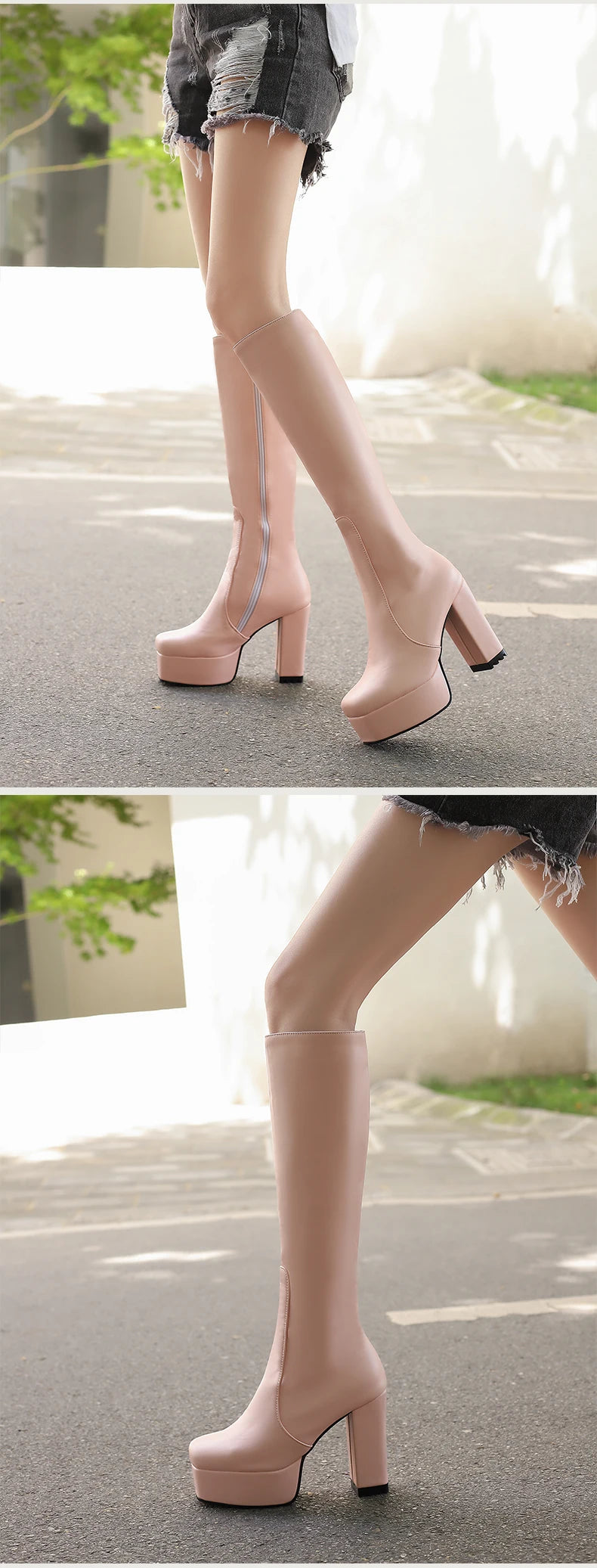 High Waterproof Platform Square Toe Solid Color Side Zipper Women's Knee High Boots Super High Thick Heel Office Boots boots_platform