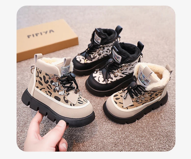 Leopard Fashion Snow Boots For Children Thick Warm Teenager Kid's Plush Boots Trend Fashion Boy's Girl's Warm Ankle Boots
