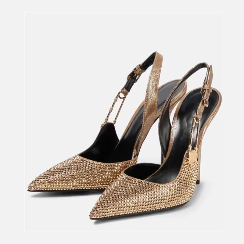 Women Shoes Luxury Rhinestones Sequined Buckle High Heels Elegant Pointed Toe Slingbacks Stiletto Shoes for Women Fashion Shoes heels_stiletto