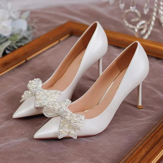 Rimocy Luxury Pearl Bowknot Wedding Pumps Women Sexy Stiletto Heels Party Shoes Woman Silk Pointed Toe Rhonestone Pumps Ladies heels_stiletto