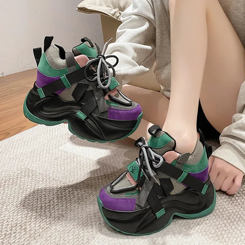 Autumn Winter Chunky Sneakers Women Lace Up Platform Sports Shoes Woman Goth 11CM Thick Bottom High Heels Female Wedges Sneakers sneakers_platform