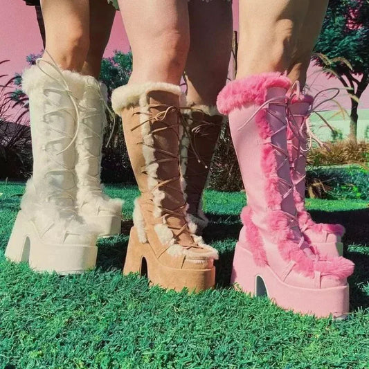 New Winter Women Snow Boots Platform Wedge High Heel Faux Fur Lady Shoes Female Plush Warm Non-slip Mid Calf Boots Goth Shoes boots_platform