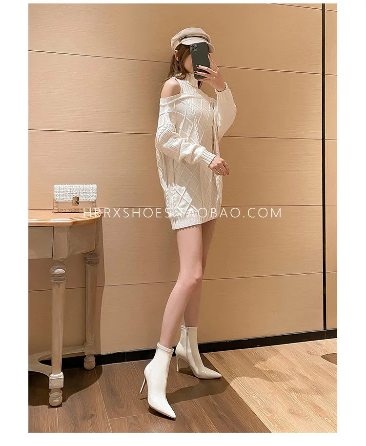 Women's Spring Ankle Boots White High Heels Pointed Toe Stiletto Heel Side Zipper Short Boots Leisure Fashion Sexy Botas Mujer boots_highheel