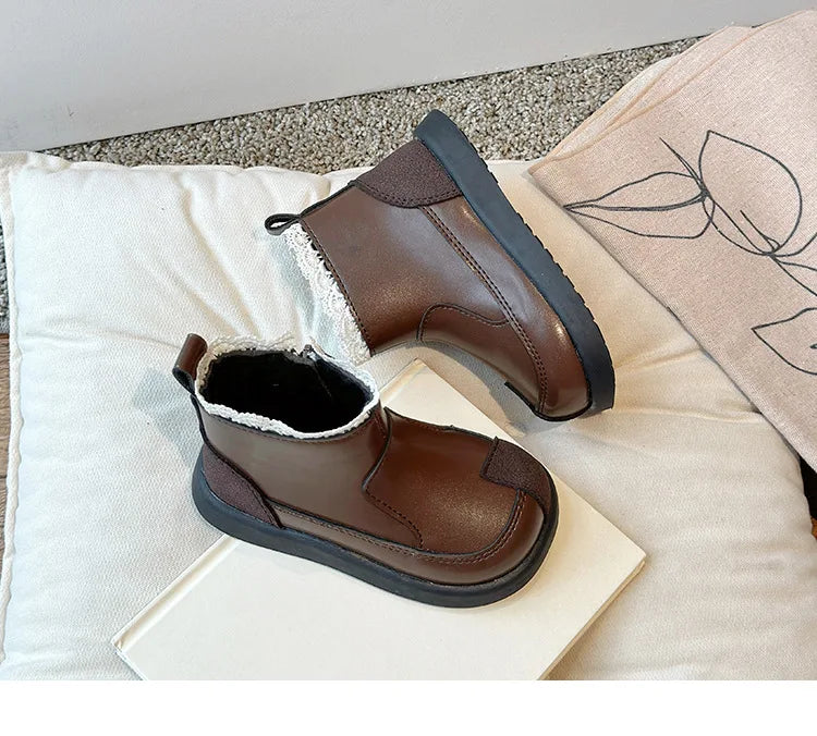 Lolita Style Baby Girls Short Boots Patch Patent Leather Girls Wedge Shoes Lace Flower Bordered Winter School Shoes Child H09241 kids_shoes