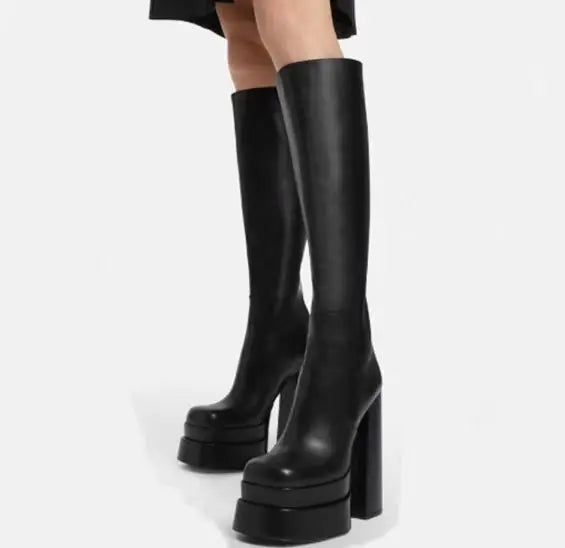 Size 35-46 Women Square Toe Knee-high Boots 15CM Back Zipper Black Chunky Platform Boots Europe and America New Goth Woman Shoes boots_platform