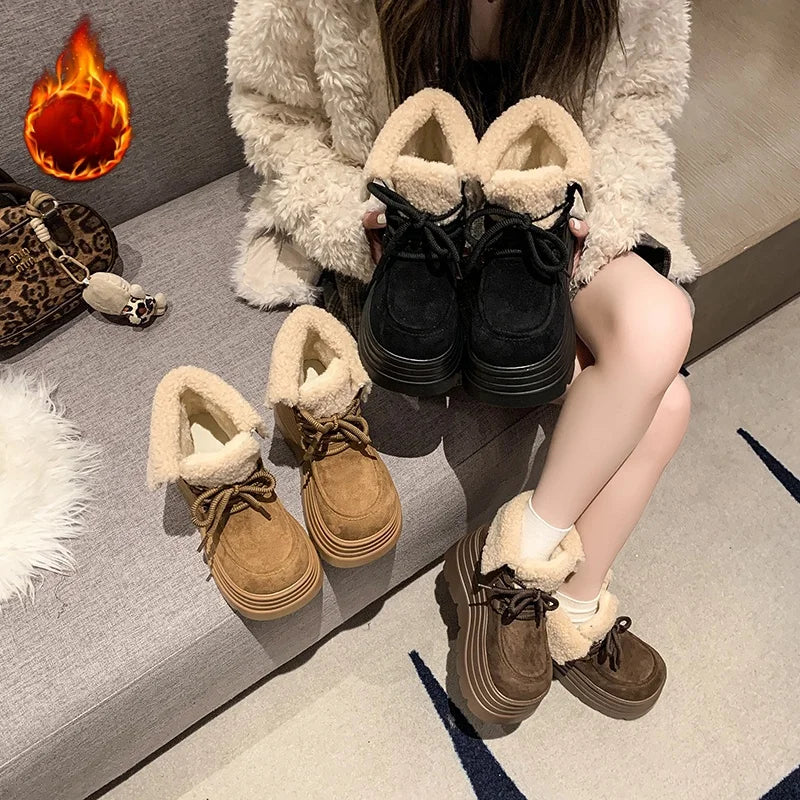 New Women Winter Warm Snow Boots 10CM High Platform Short Booties Designer Suede Leather Cotton Shoes Woman Ankle Botas Mujer boots_platform