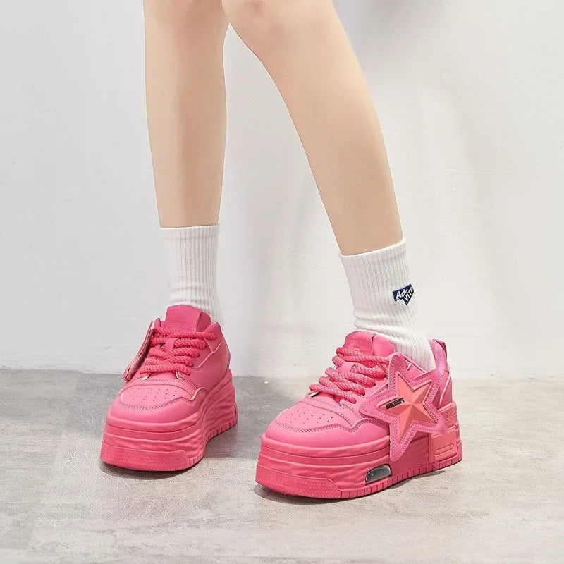 Leather Pink Chunky Sneakers Platform Lace-up Thick Sole Casual Shoes Women 2025 Slip on Fashion Outdoors Walking Shoes sneakers_platform