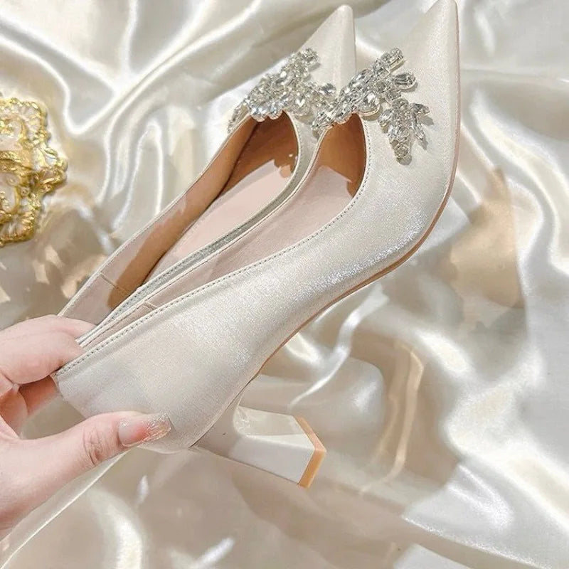 Gold  Heels Fine Heeled Shoes Sexy Pump 2024 All-Match Slip On Sandals Ladies Pointed Wedge Lace-Up Stiletto Crossdressers Cryst heels_stiletto