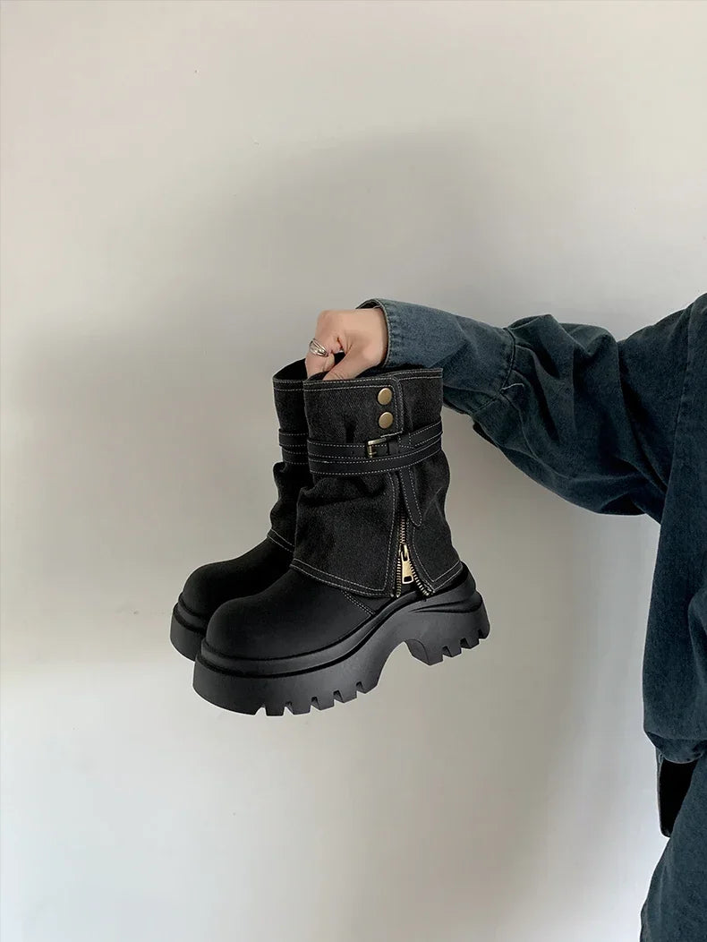 Winter Punk Style Women Pipe Ankle Boots Fashion Belt Buckle Shoes Ladies Concise Platform Heel Short Booties Zapatos De Mujer boots_platform