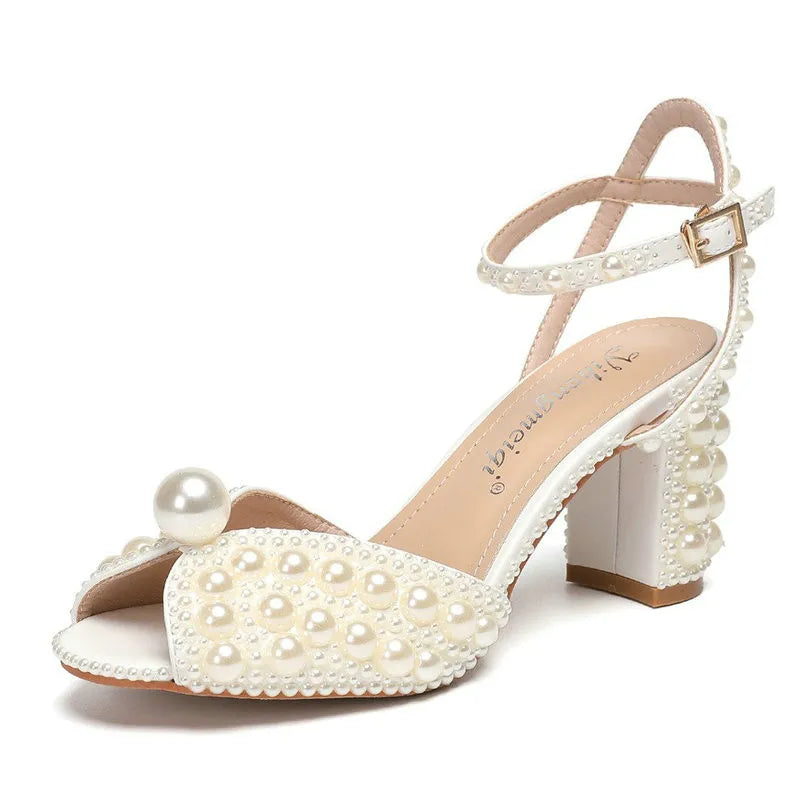 2025 New High Heels Thick Heel Shallow Mouth Women's Pearl Sandals Wedding Shoes Bridesmaid Shoes heels_bridal
