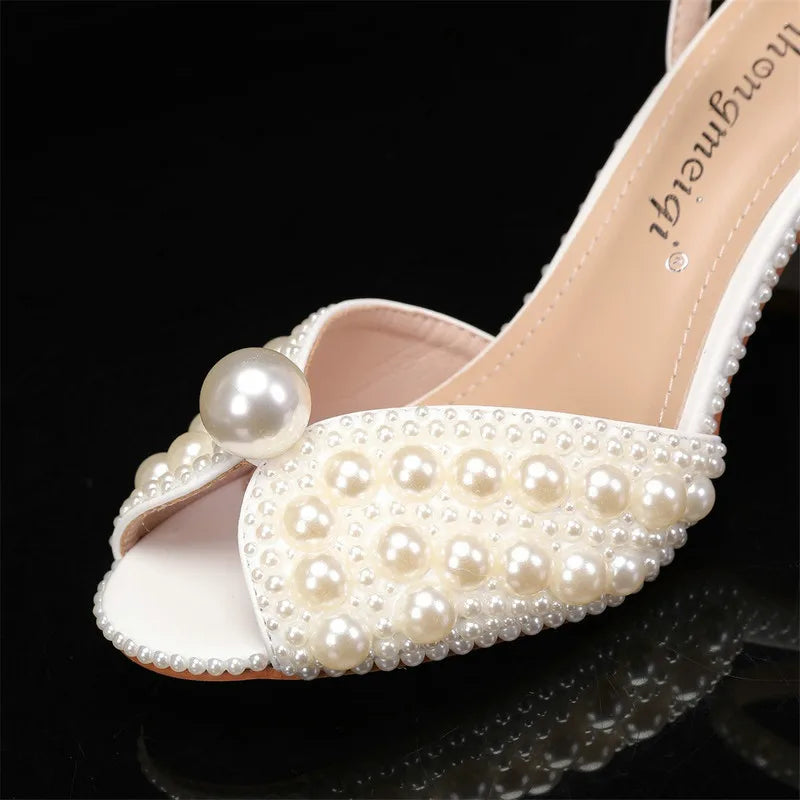 2025 New High Heels Thick Heel Shallow Mouth Women's Pearl Sandals Wedding Shoes Bridesmaid Shoes heels_bridal