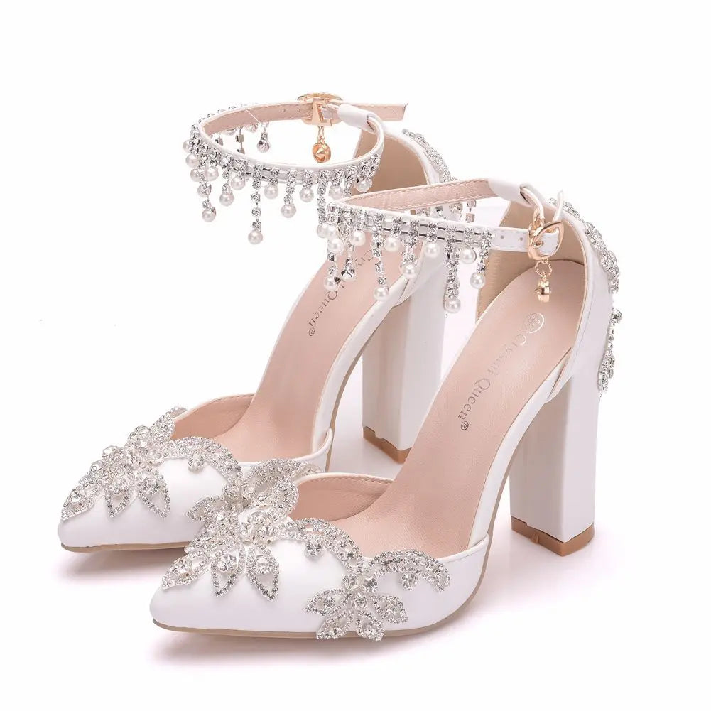 10CM White Pointed Crystal Wedding Shoes Thick Heel Ultra-high Heel Bridal Shoes One-line Buckle Strap Tassel Rhinester Women heels_stiletto