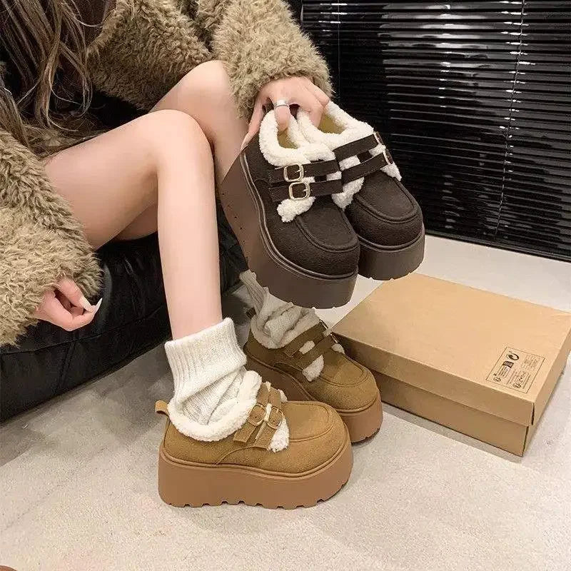 Low Cut Furry Snow Boots Women's Thick Heel Wedge Slippers Korean Style Flat Shoes Cotton Lined Winter Fashion Boots sneakers_platform