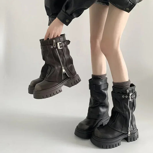 Winter Women Biker Boots Fashion Belt Buckle Ladies Elegant Platform Long Pipe Booties Casual Women's Knee High Booties2025 boots_platform