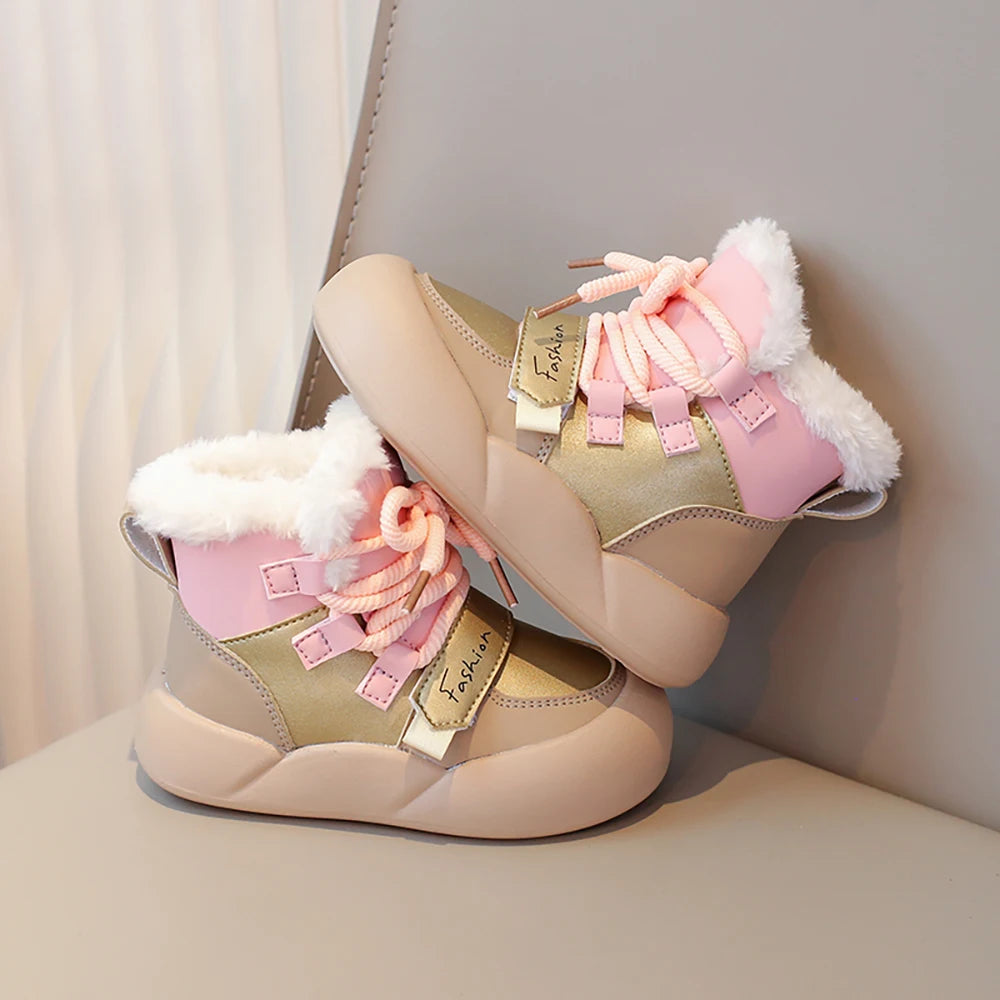 Winter Plush Snow Boots For Children PU Leather Waterproof Cotton Shoes Trend Fashion Teenager Kid's Velvet Boots Winter Shoes