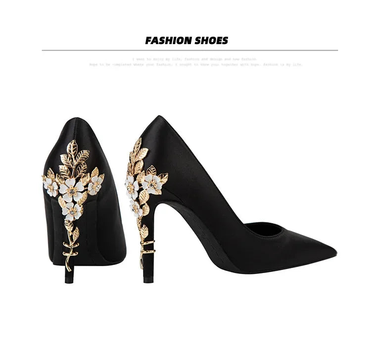 Women's Metal Flowers Stiletto High-heel Shoes Female  Light Luxury Sexy Fashion Wedding Shoes Pointed Toe Satin Single Shoes heels_stiletto