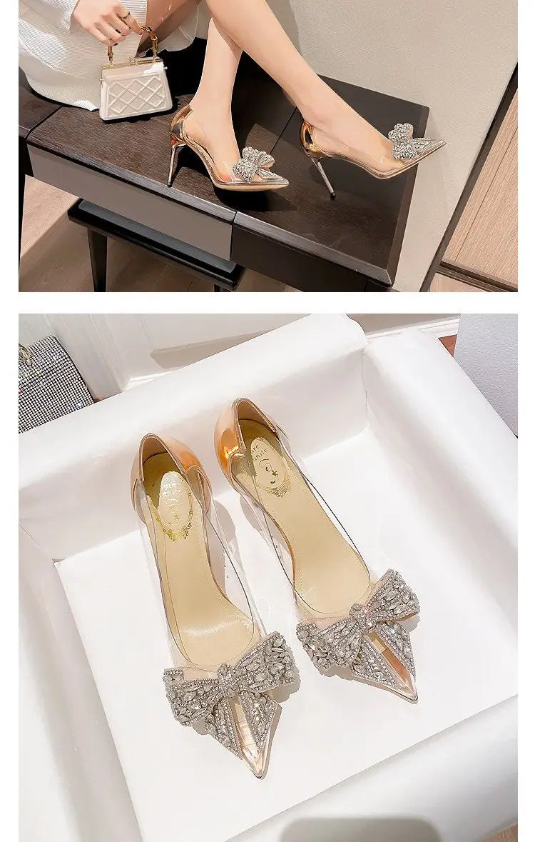 Pointed toe stiletto women's high heels women's shoes fashion women's shoes wedding shoes high heel 8cm transparent bow gemstone heels_stiletto