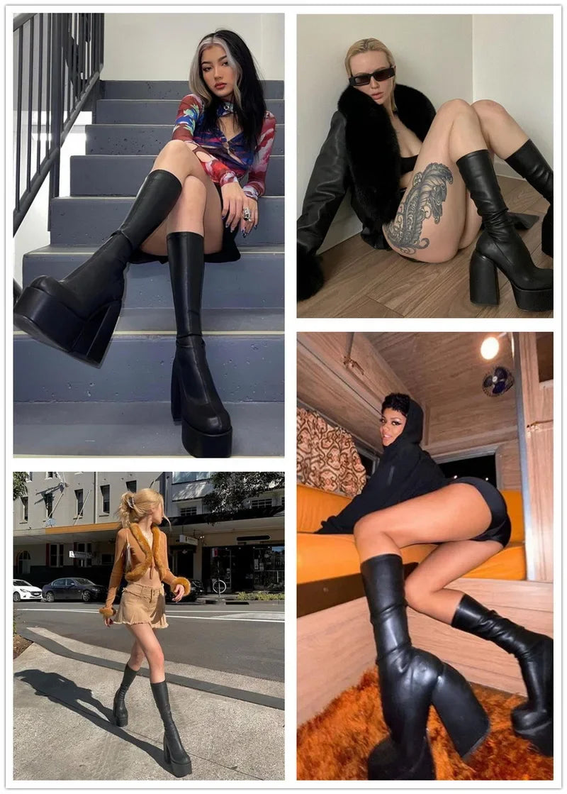 Autumn/Winter Square Headed Thick High Heels Knee-High Elastic Boots for Womens on Platform Black Knight Boot Sexy Party Pumps boots_platform