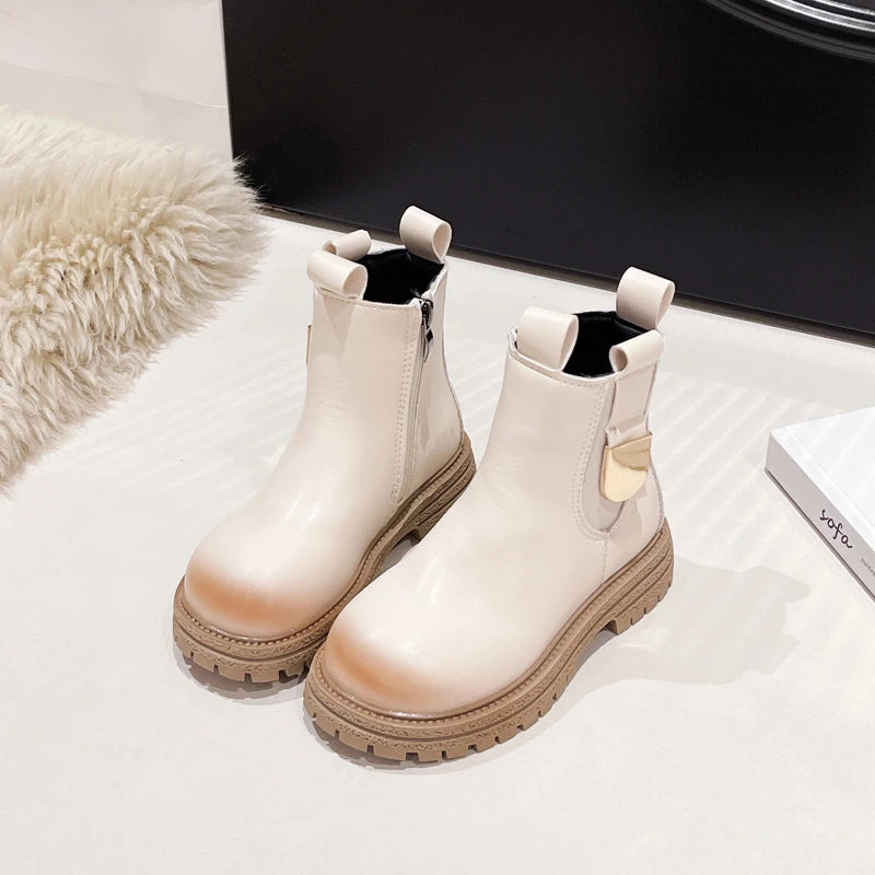 Children Leather Boots Round Toes Versatile Kids Short Boots Korean Style 2025 Autumn New Girls Ankle Boots Soft Bottom Non-slip