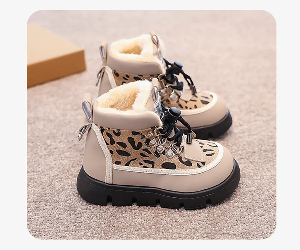 Leopard Fashion Snow Boots For Children Thick Warm Teenager Kid's Plush Boots Trend Fashion Boy's Girl's Warm Ankle Boots