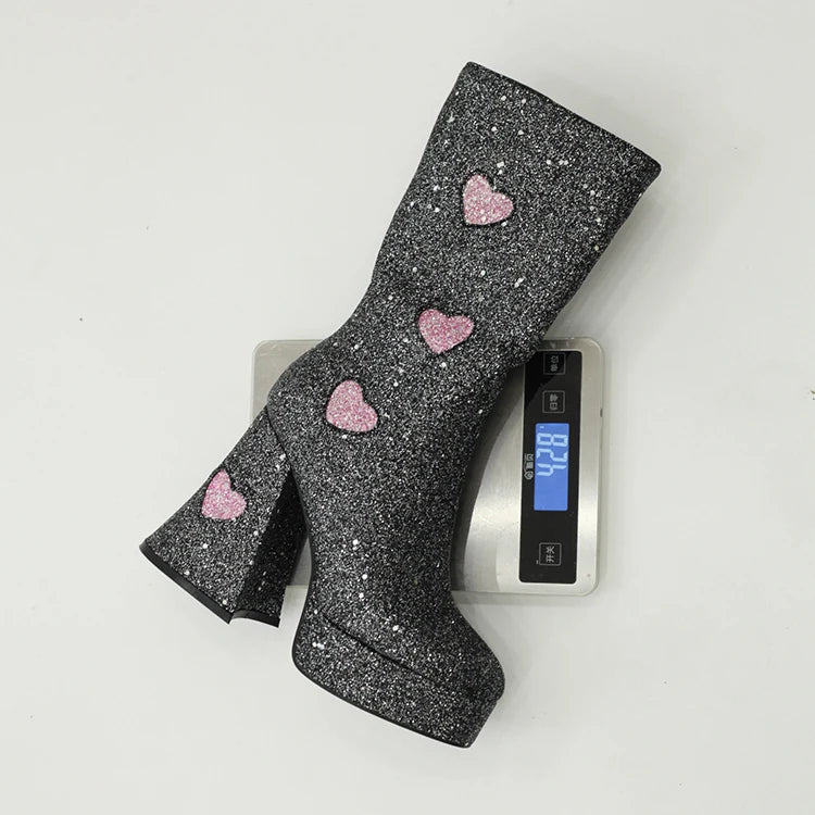 Heart Shaped Sequin Fabric Material Color Block Women's Mid Boots Platform High Shaped Conical Heel Thick Plush Lining Boots boots_platform