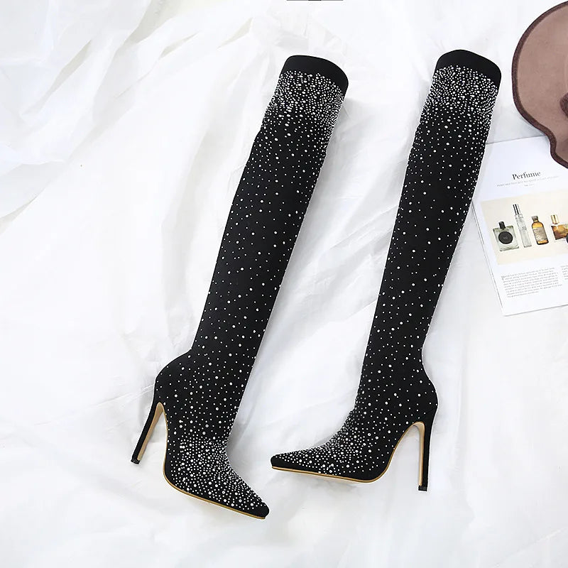 Design Crystal Rhinestone Stretch Fabric Sexy High Heels Sock Over-the-Knee Boots Pointed Toe Pole Dancing Women Shoes boots_highheel