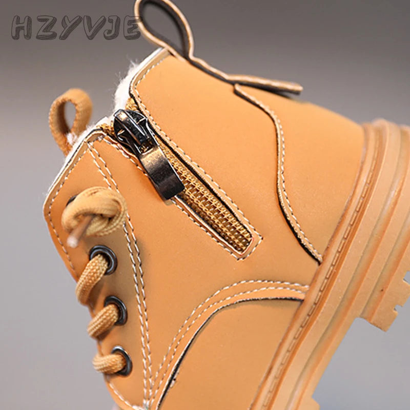 New Children's Fashion Boots Winter Thickened Boys Girls' Anti Slip Warm Leather Boots Side Zipper Solid Color Kids Casual Shoes kids_shoes