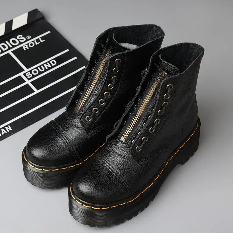 Women Boots Genuine Leather Platform Boots Motorcycle Shoes Front Zipper Optical Soles Fashion Sexy Punk Men Winter Boots 35-44 boots_platform