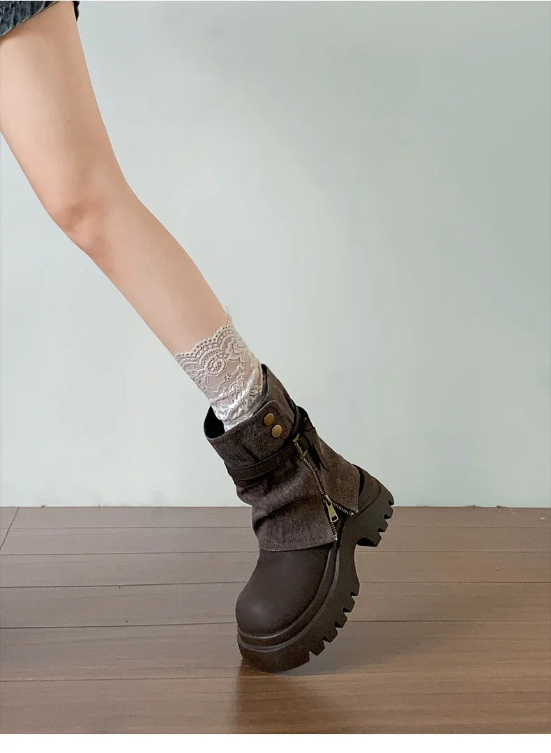 Winter Punk Style Women Pipe Ankle Boots Fashion Belt Buckle Shoes Ladies Concise Platform Heel Short Booties Zapatos De Mujer boots_platform