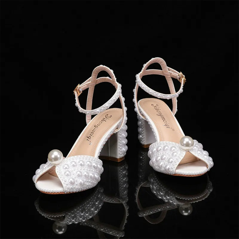 2025 New High Heels Thick Heel Shallow Mouth Women's Pearl Sandals Wedding Shoes Bridesmaid Shoes heels_bridal