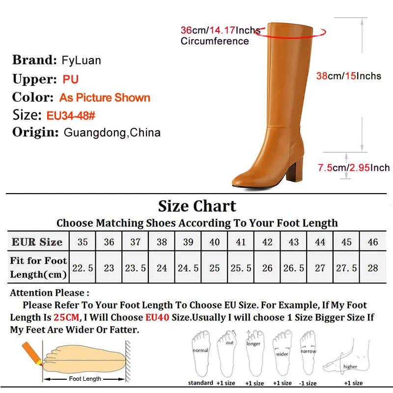 Plus Size 48 Square Toe Knee High Boots Women Side Zipper Winter Warm Long Shoes Comfort Thick Heel 7.5CM Black Leather boots_highheel