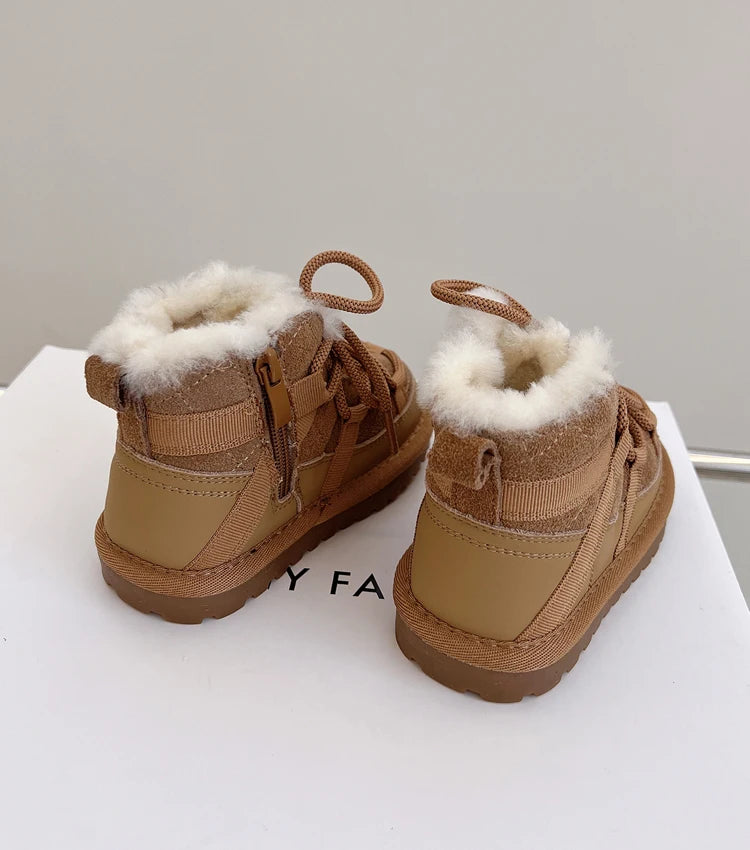2025 New Winter Children Snow Boots Genuine Leather Warm Plush Toddler Boys Shoes Non-slip Fashion Baby Girls Boots 1-6 Years