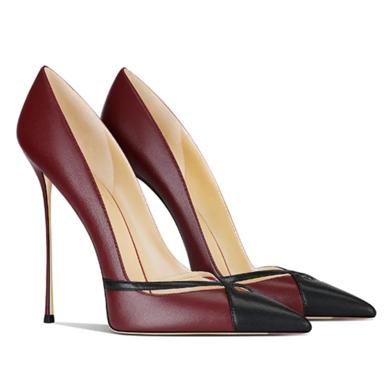 White Matte Leather High Heels Patchwork Pointed Toe Shallow Stilettos Pumps Slip-on Banquet Shoes heels_stiletto