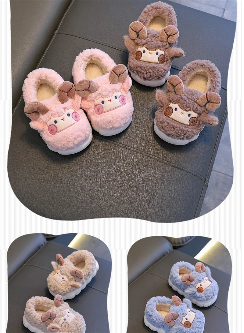 Cute Cartoon Winter Children Sheep Slippers Boys Girls Kid Indoor Anti Slip Warm Home Slippers Soft Comfortable Baby Plush Shoes kids_shoes